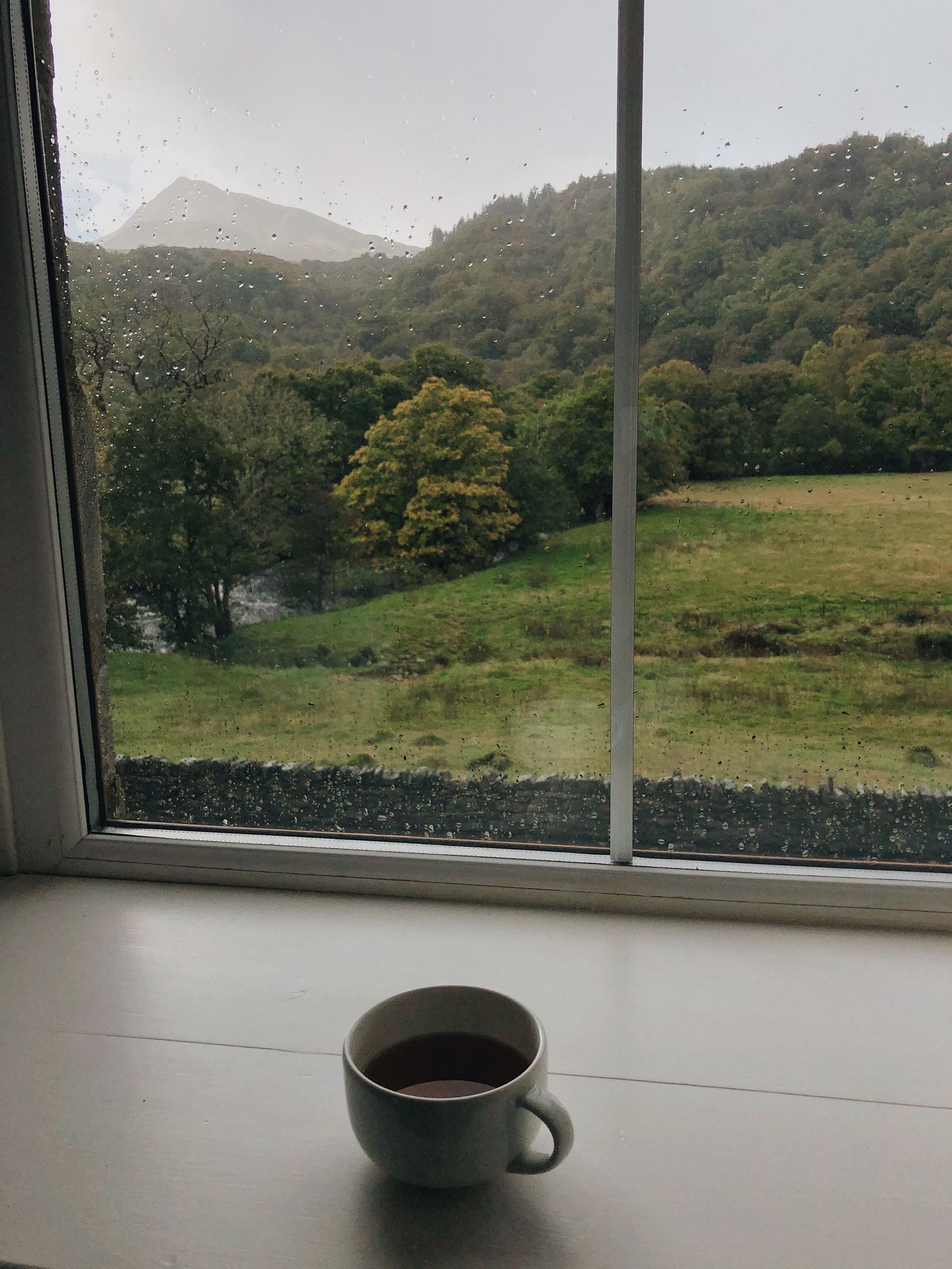 A cup of tea on a windowsill, with rain on the glass and green hills beyond.